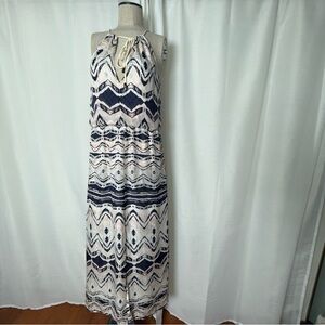 Parker Silk Navy and White Aztecs Halter Maxi Dress